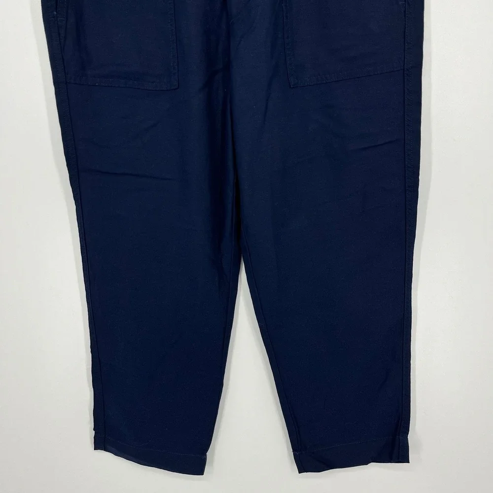 Banana Republic Women Navy Blue Tapered Crop Pant Elastic Waist Lyocell Linen M